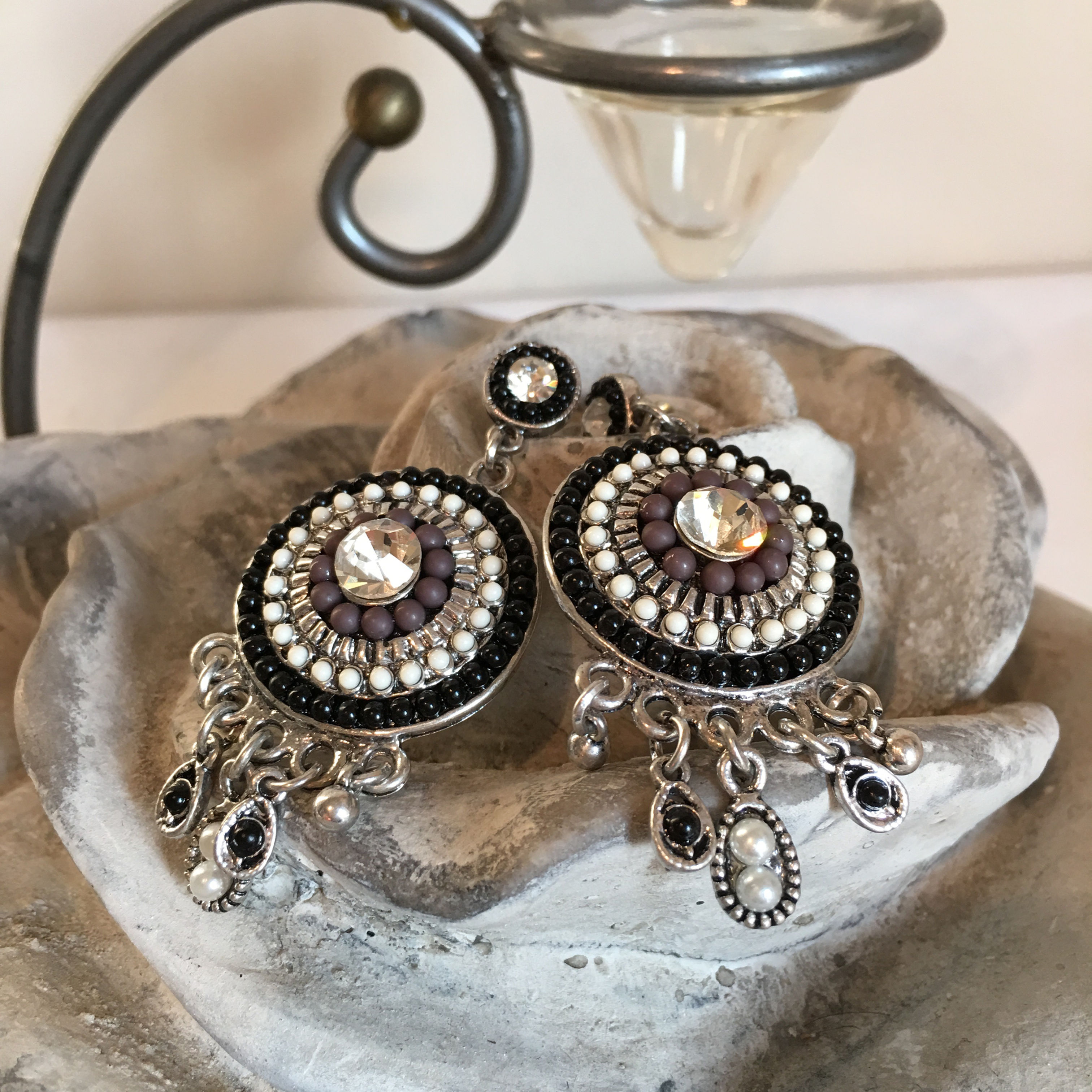 Oorbellen/witgrijs/crystal/bedels