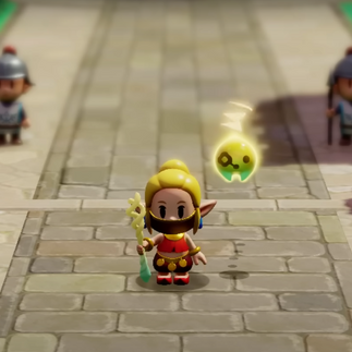 Zelda habillée en Gerudo avec Tri à ses côtés dans Echoes of Wisdom