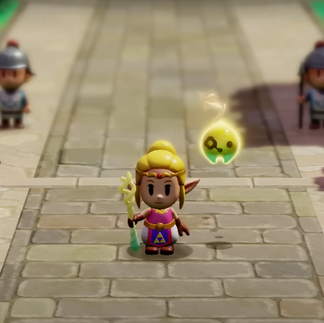 Zelda avec les cheveux attachés, une robe et Tri à ses côtés dans Echoes of Wisdom