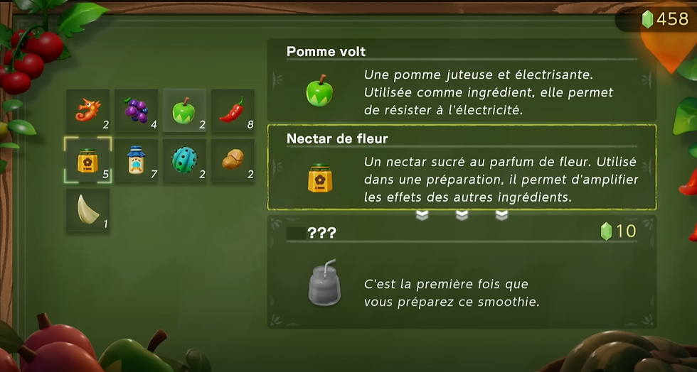 menu de Zelda Echoes of Wisdom pour faire des smoothies