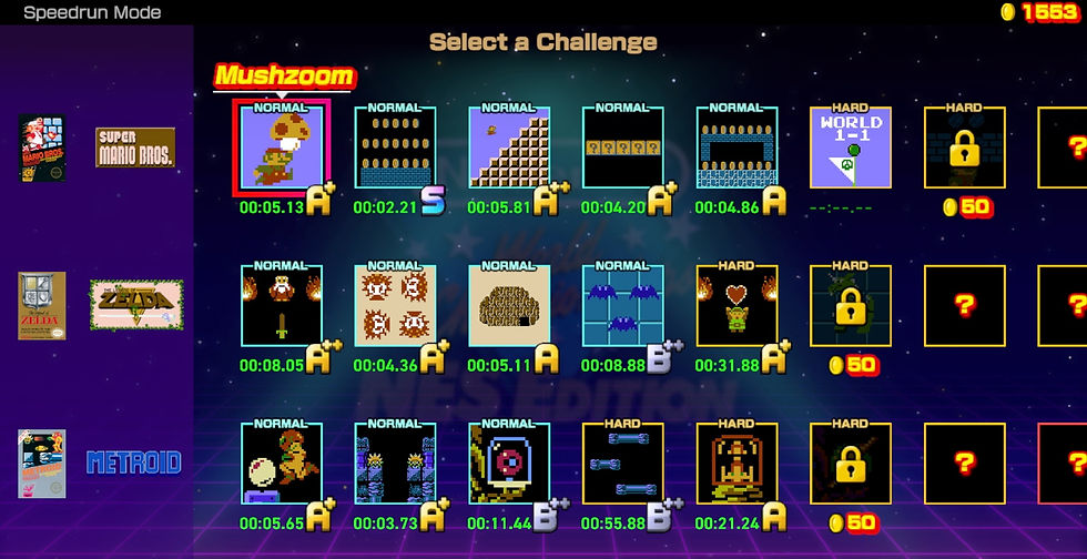écran de sélection des défis dans Nintendo World Championship NES Edition