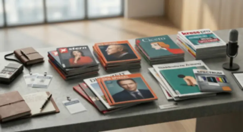 Zeitschriften und Zeitungen sind auf dem Tisch verteilt, symbolisch für Presse