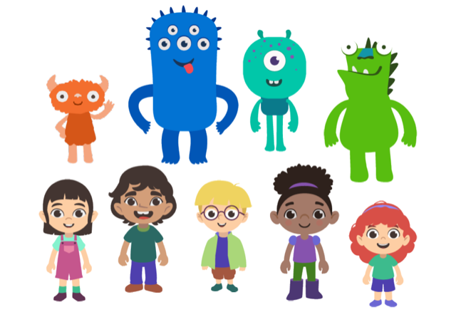 Characters from Tasting Party Express featuring both a range of diverse child characters and multi-colored monsters.