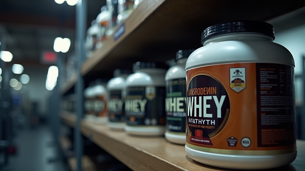 Eye-level view of a gym shelf stocked with various whey protein containers