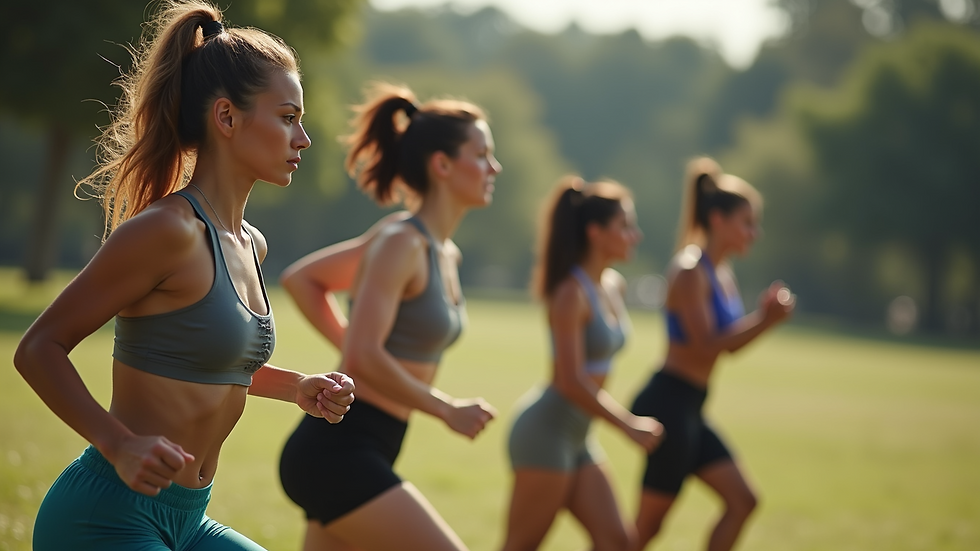 High angle view of a group fitness class outdoors