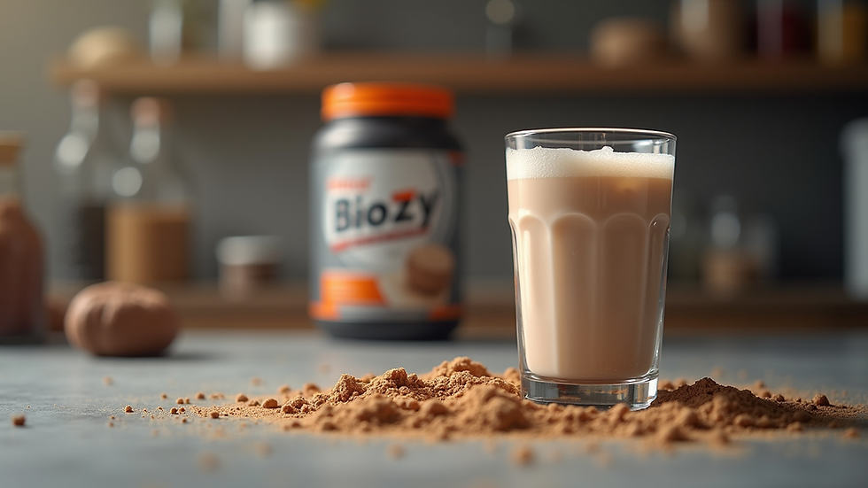 Eye-level view of a protein shake glass with MuscleBlaze Biozyme Whey Protein tub in the background
