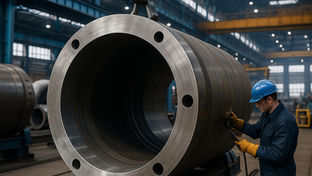 Inspeção técnica de peça cilíndrica de grande porte fabricada na caldeiraria industrial da Enjatec, com ponte rolante em operação.