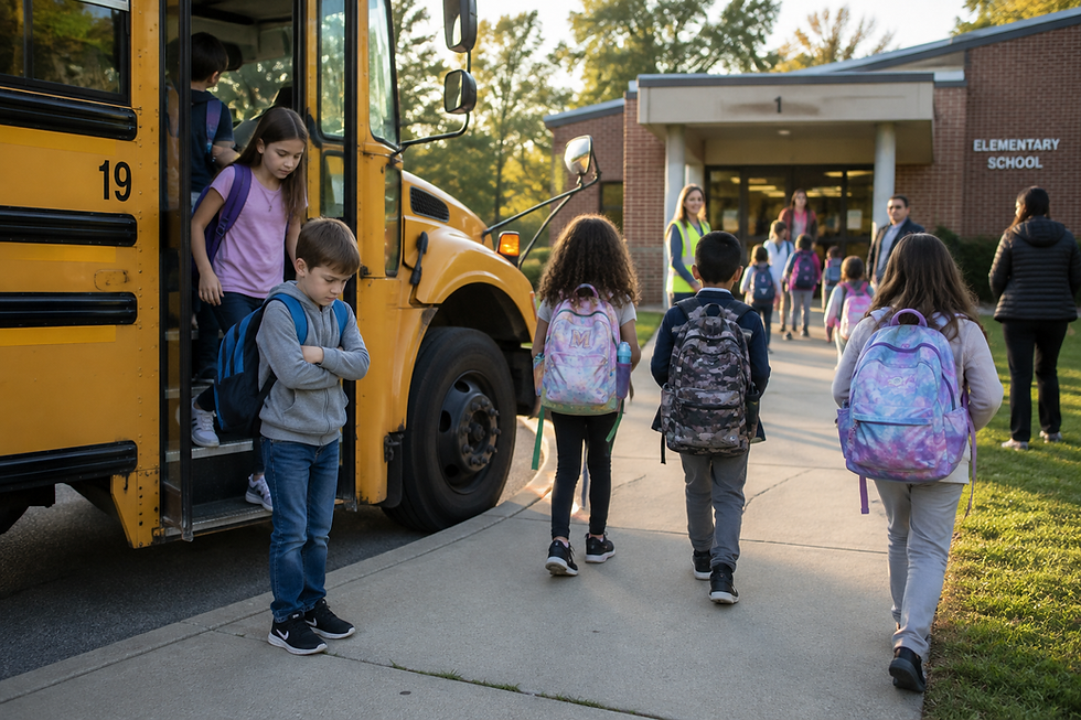 Elementary school children getting off a school bus while one child pauses hesitantly near the entrance, illustrating back-to-school anxiety.