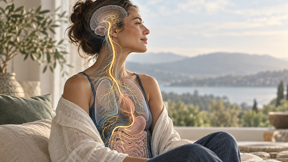Woman in profile with a subtle nervous system illustration showing the connection between the brain, vagus nerve, heart, lungs, and digestive system.