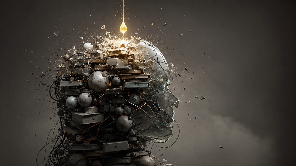 A fragile glass-like head overloaded with stacked objects and wires begins to fracture as one final glowing drop lands on top.