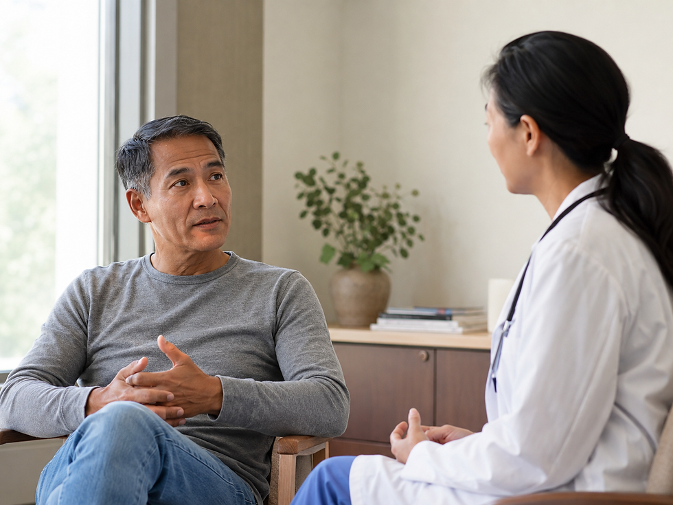 Midlife patient in conversation with a doctor during a thoughtful supportive care appointment.