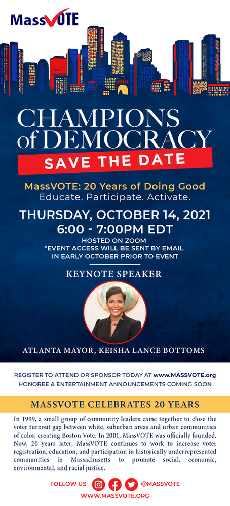 REGISTER NOW: MassVOTE's 2021 Champions of Democracy Fundraiser
