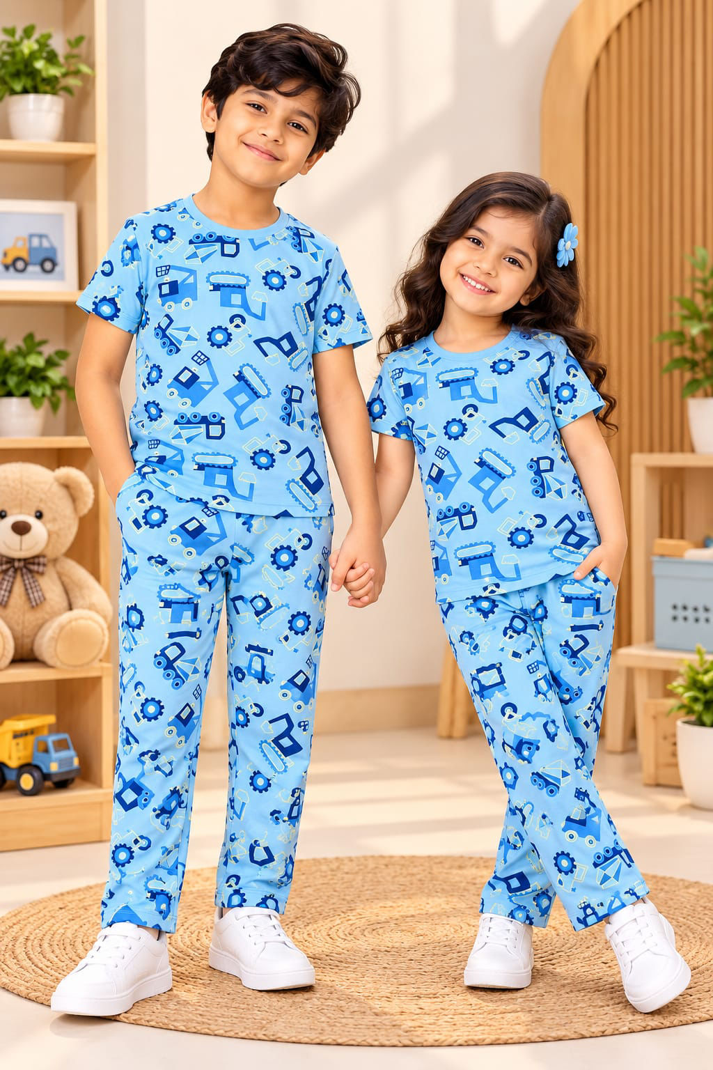 Kids pant set - blue jcb print