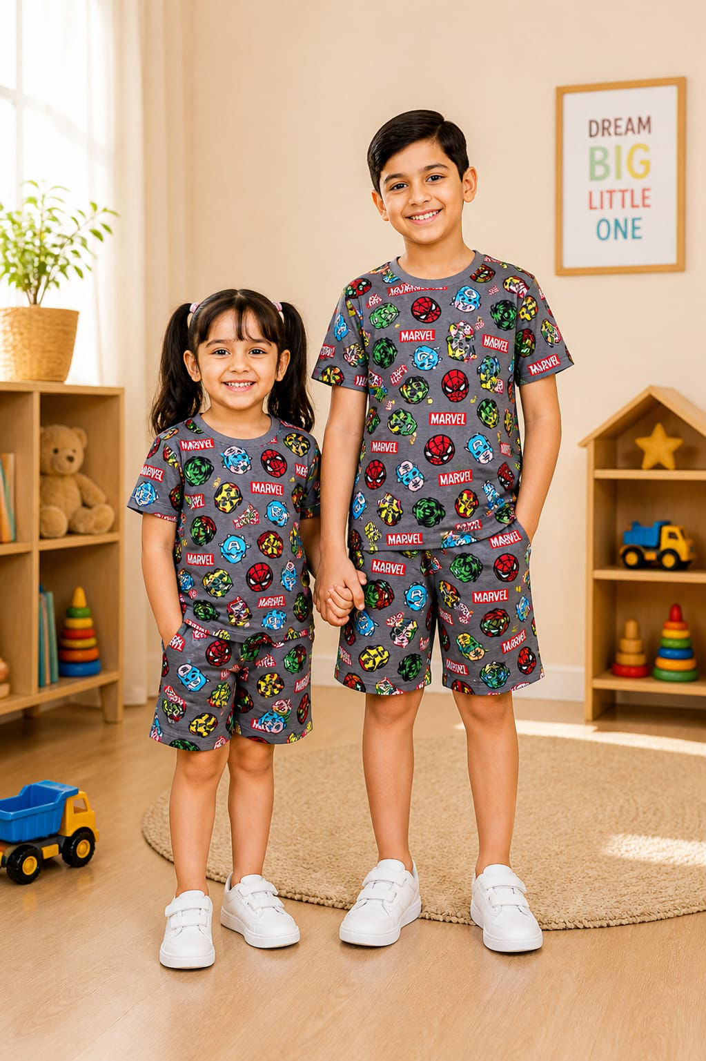 Grey marvel print - kids shorts set