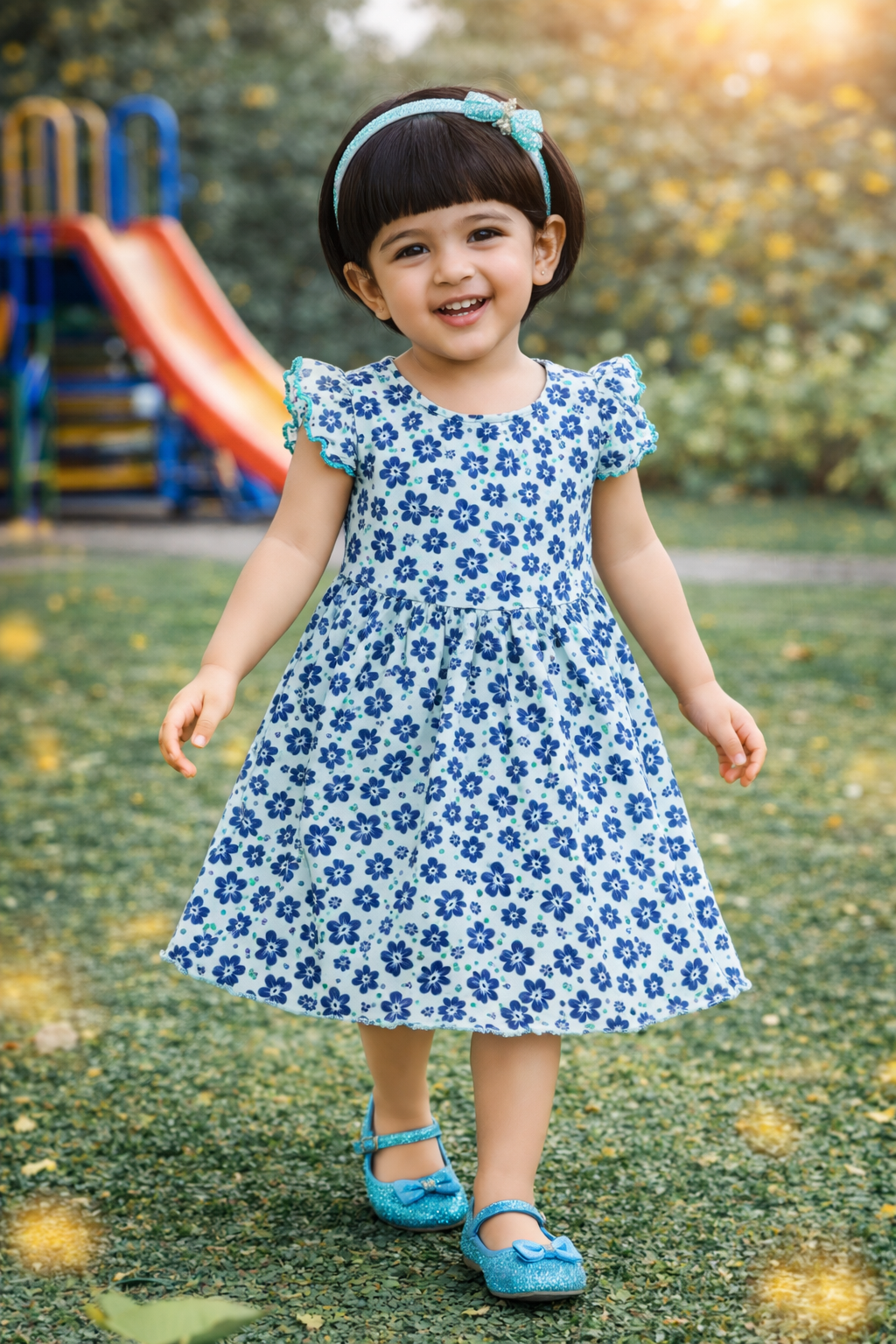 Kids frock - green blue flower 🌺