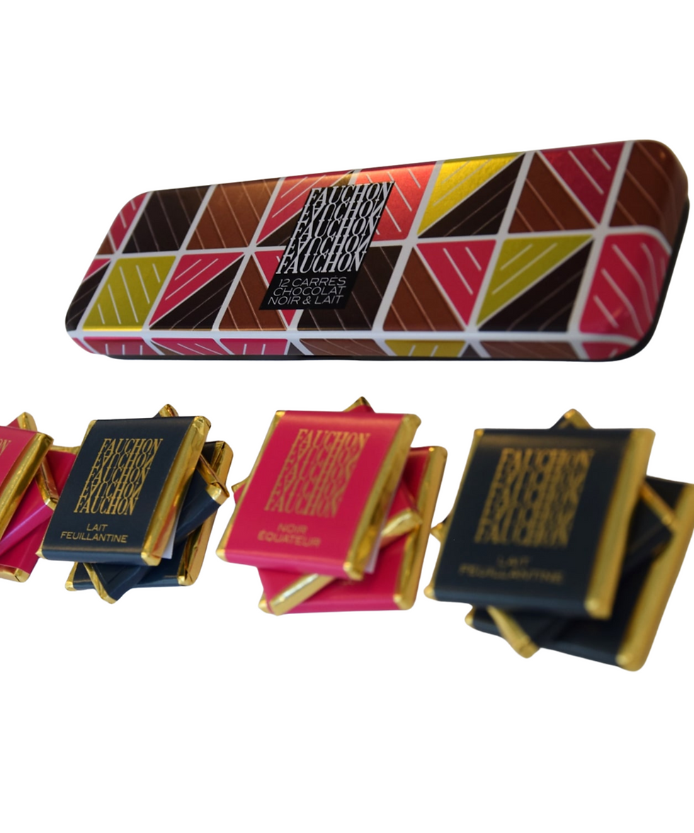 Fauchon chocolates: 12 squares of dark and milk chocolate in a geometric patterned tin.
