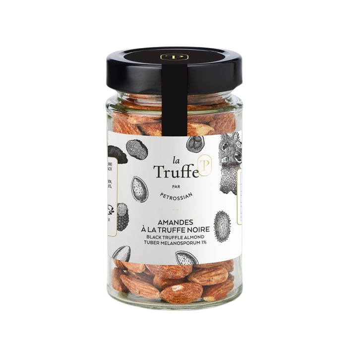Petrossian black truffle almonds in jar