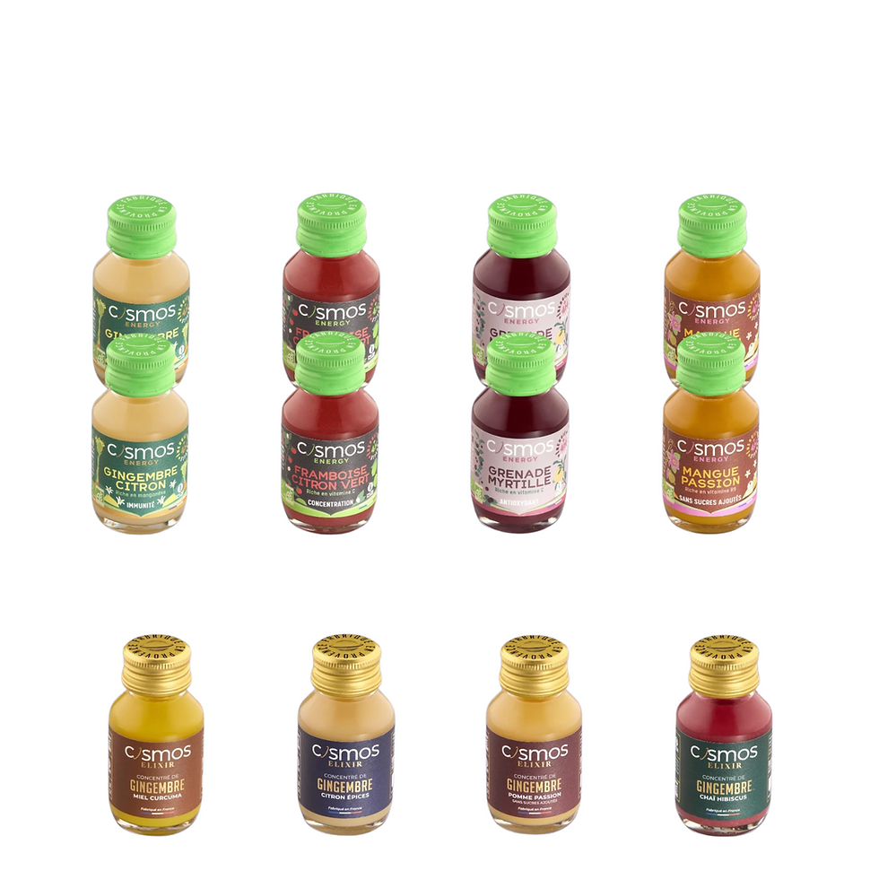 Twelve Cosmos Energy wellness shots: Ginger, Raspberry, Pomegranate, Mango