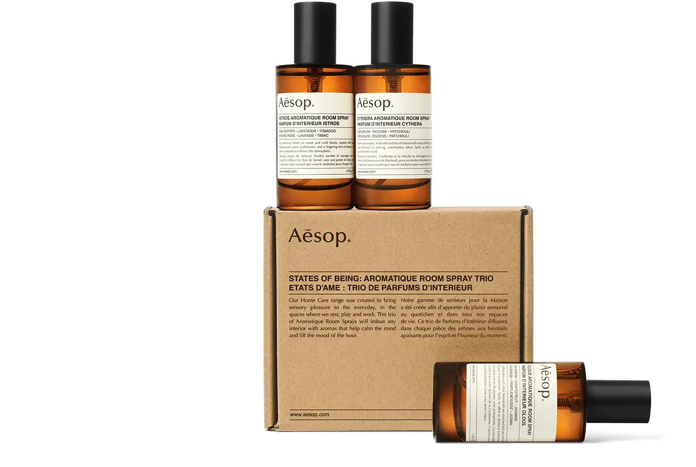 Aesop Aromatique Room Spray Trio: Three amber bottles and box with text