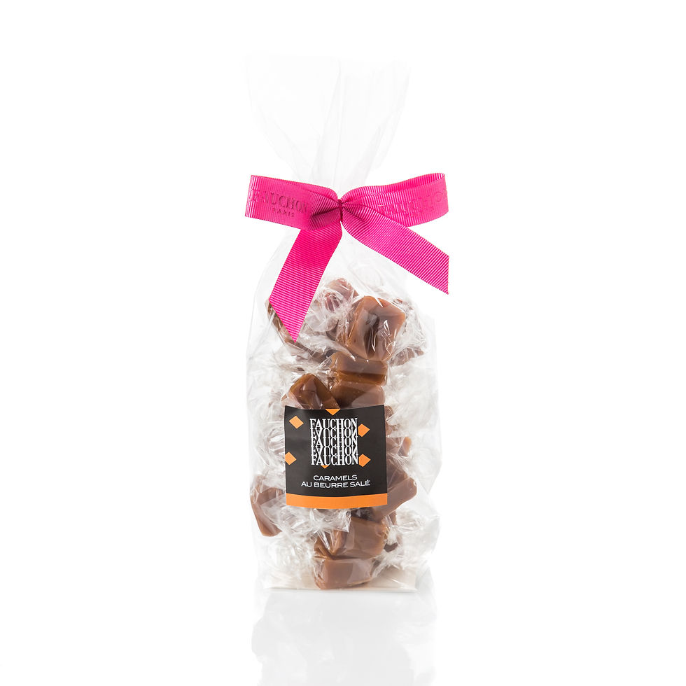 Fauchon salted butter caramels in a pink ribboned bag
