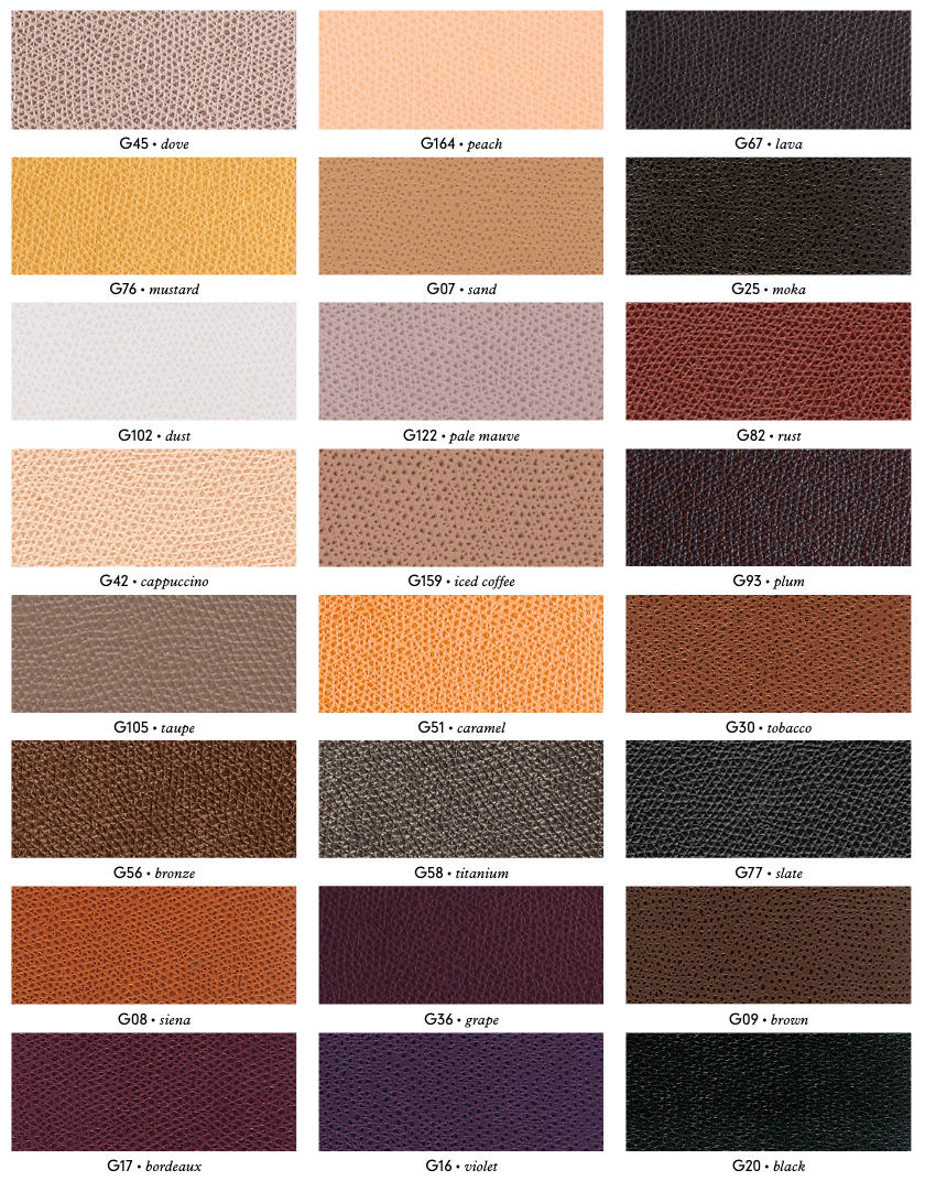 Thumbnail: Leather swatches in various colors: dove, peach, lava, mustard, sand, moka, dust, pale mauve, rust, cappuccino, iced coffee, plum, taupe, caramel, tobacco, bronze, titanium, slate, sienna, grape, brown, bordeaux, violet, black