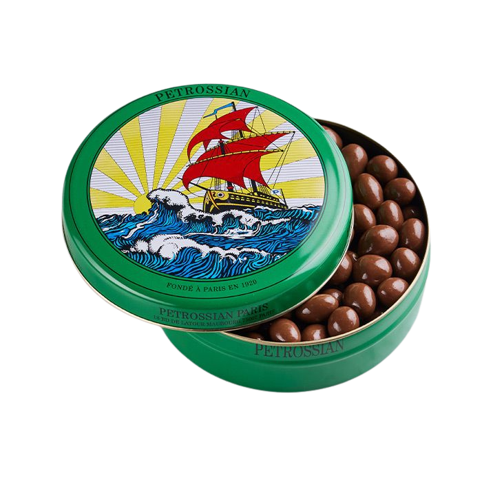 Jet Must Petrossian chocolate pistachios in green tin, curated for business aviation cabins