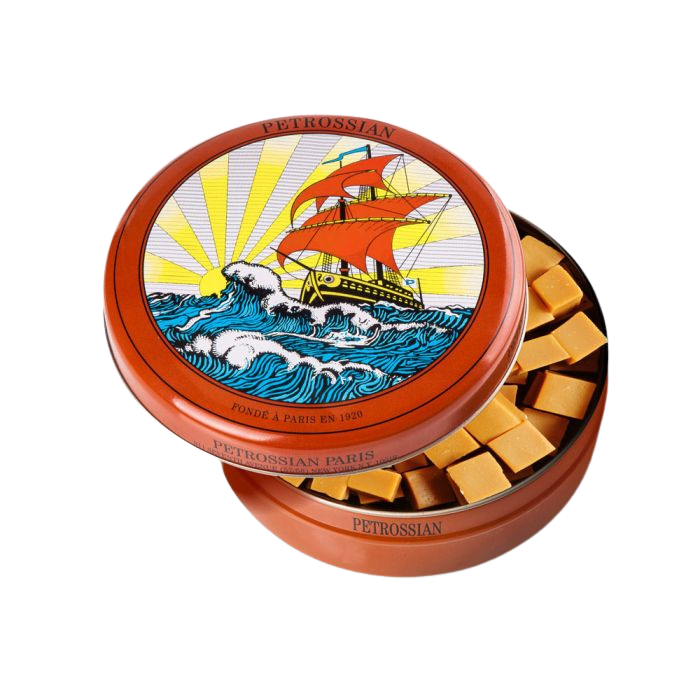 Jet Must Petrossian Tianouchkis caramels in orange tin, perfect for premium aircraft interiors