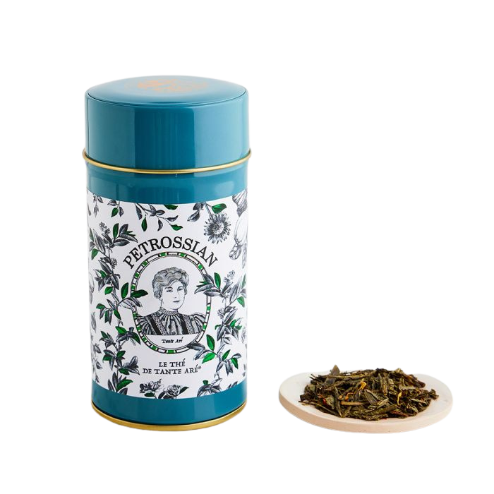Jet Must Petrossian Aunt Are organic tea in floral tin, ideal for luxury travel settings
