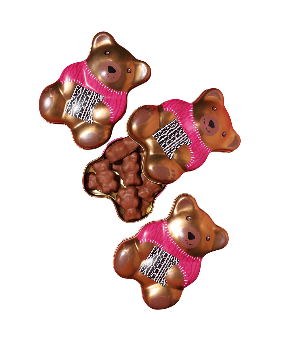 Fauchon milk chocolate marshmallow bears in gold bear-shaped tins