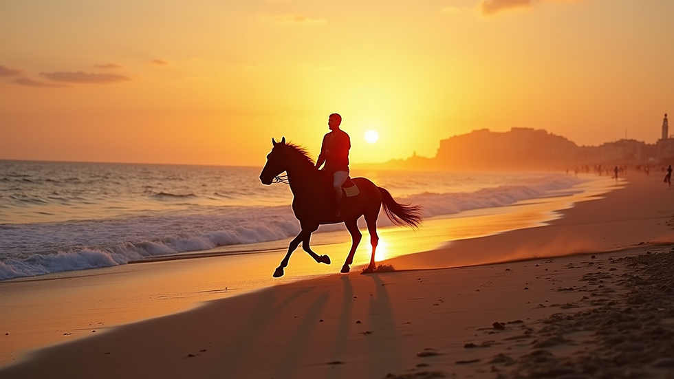 Wide angle view of horse trotting along Essaouira beach at sunset