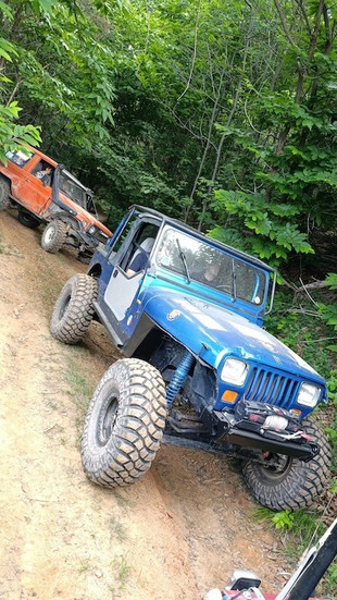 macchine parcheggiate in coda jeep blu e Toyota arancione nel sottobosco.
