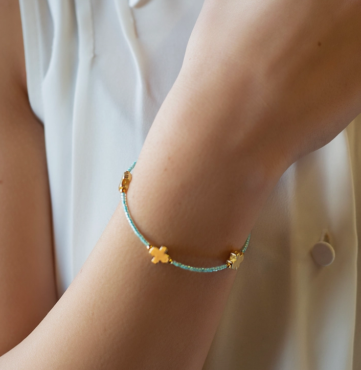 Thumbnail: Faithful Beaded Cross Bangle w/ Matte Gold Crosses