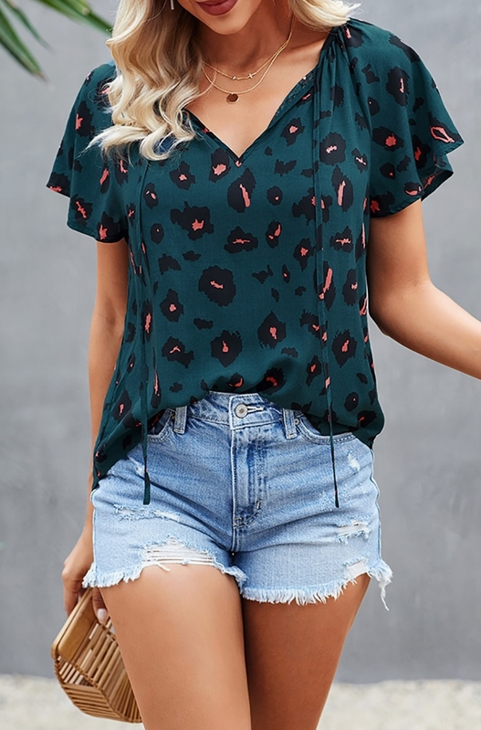 V Tie Neck Animal Print