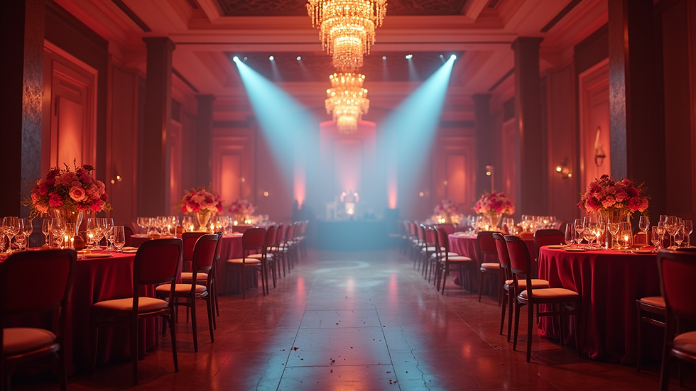 Eye-level view of a luxury corporate event setup with elegant lighting