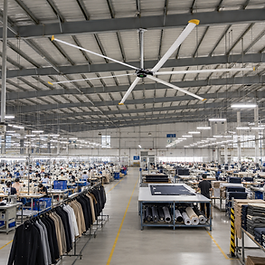 5 ventilador de techo en maquila textil, area de confeccion.