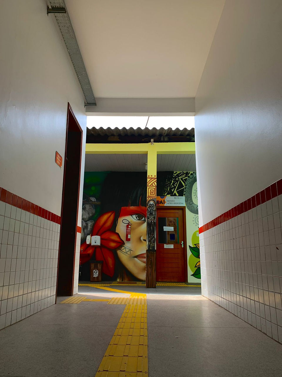 Painéis em grafite exibem coloridos rostos indígenas.