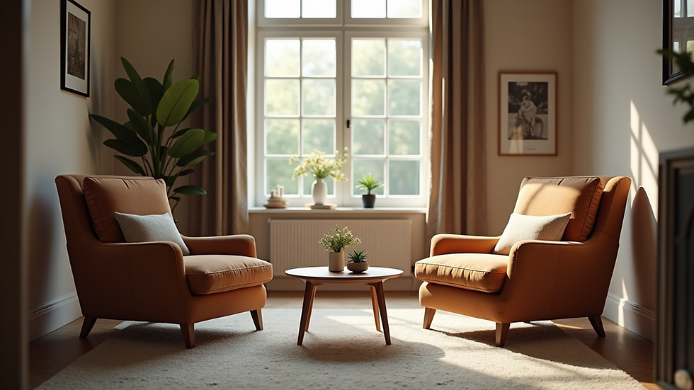 Eye-level view of a cozy living room with two chairs facing each other