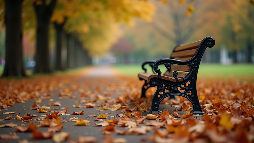 Eye-level view of a quiet park bench surrounded by autumn leaves