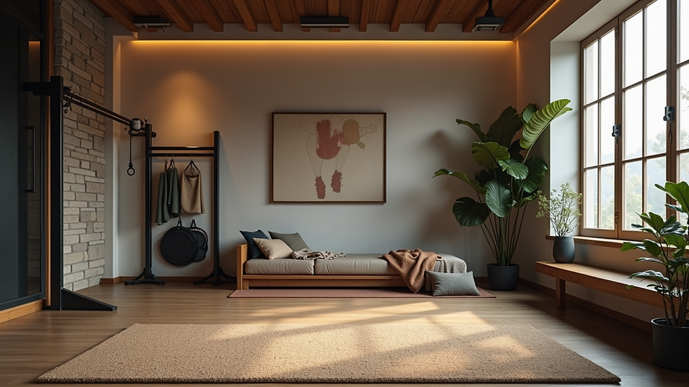 Wide angle view of a cozy home gym setup