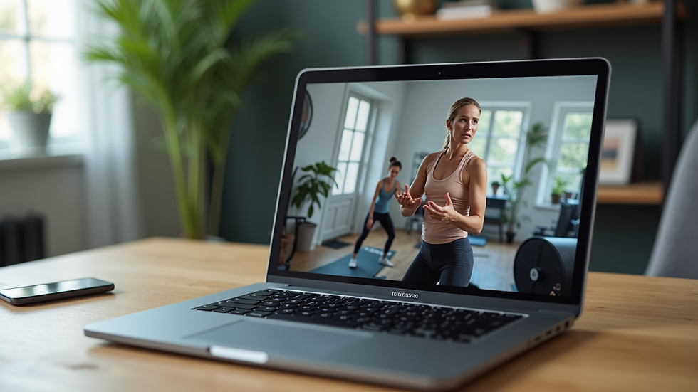 Close-up view of a laptop screen showing an online senior fitness class with a trainer demonstrating exercises