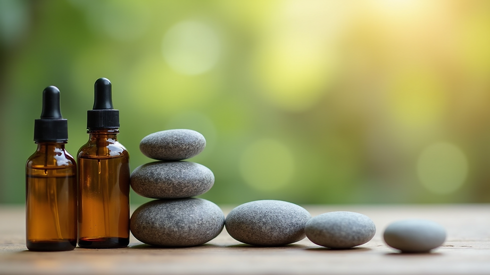 Close-up view of essential oil bottles and massage stones