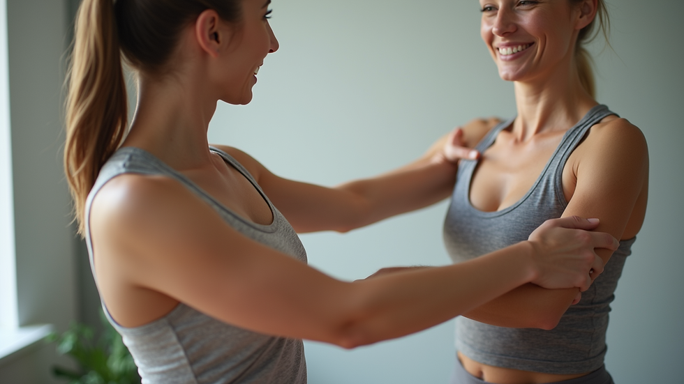 Close-up view of a wellness coach guiding an individual through stretching exercises