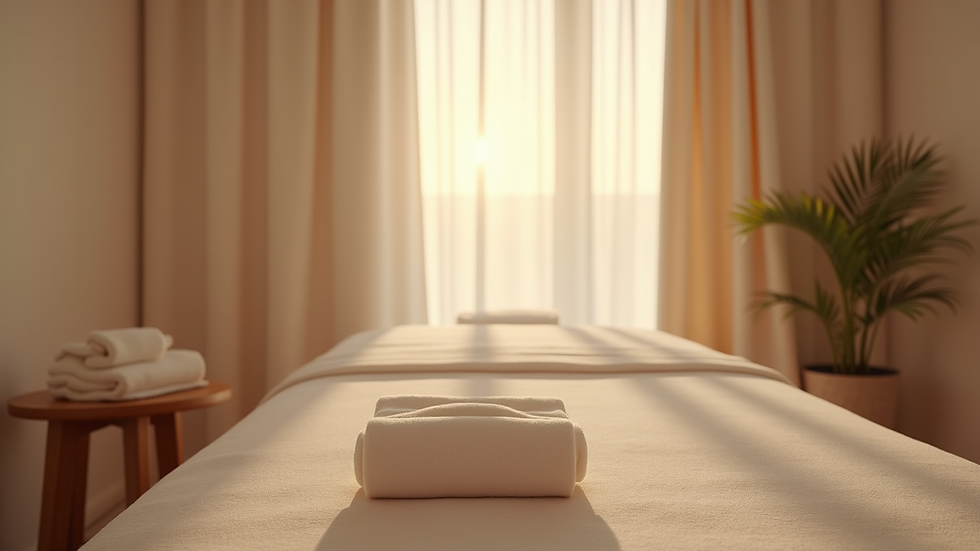 Eye-level view of a calm therapy room with massage table and soft lighting