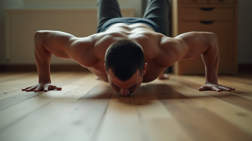 Eye-level view of a person performing a push-up on a wooden floor