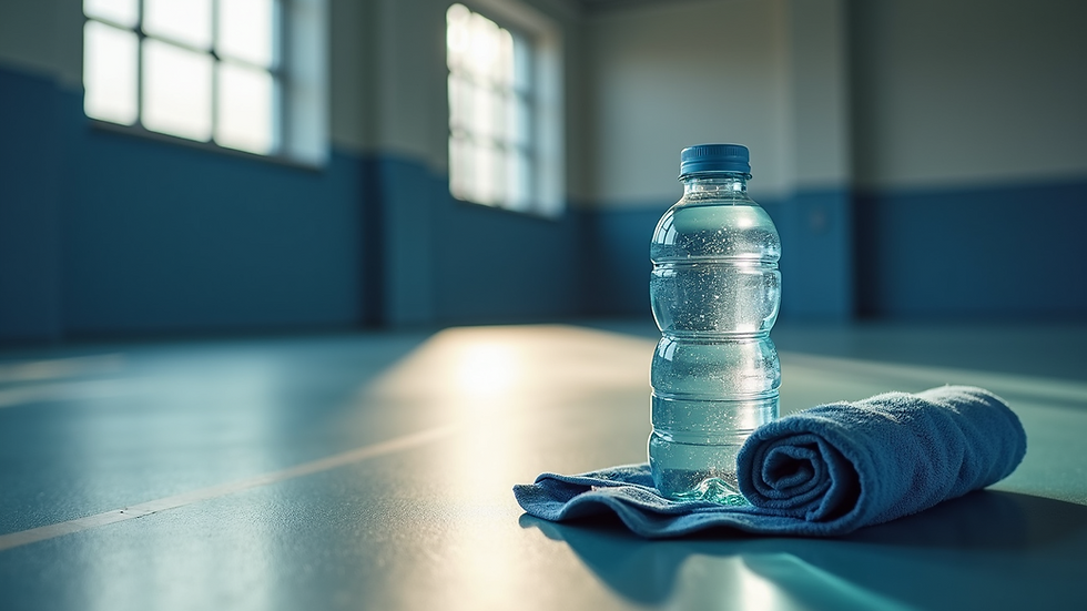 High angle view of water bottle and towel on gym floor
