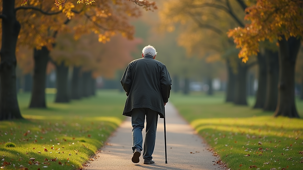 High angle view of a senior man walking with a cane in a park