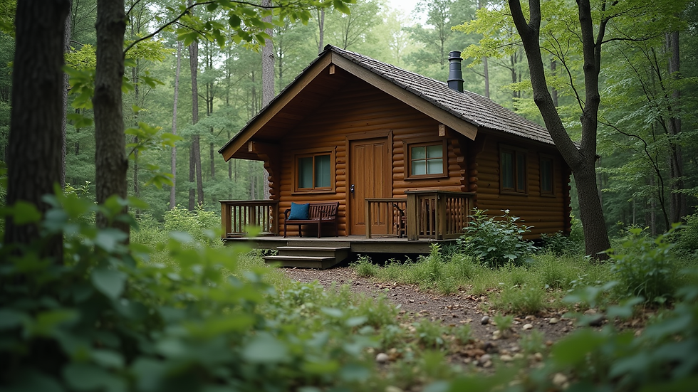 Close-up view of a cozy cabin surrounded by forest greenery