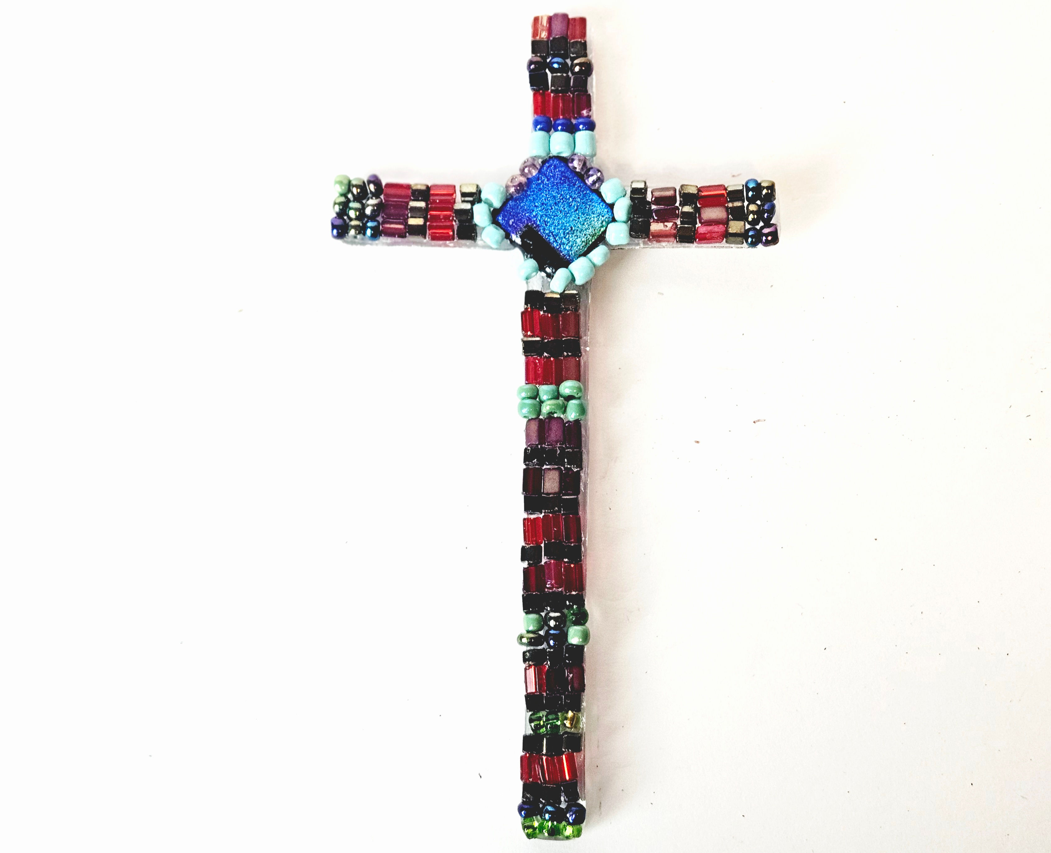 Vintage Handmade Beaded Cross Wall Decor, Mosaic Faith Art, Unique OOAK Gift