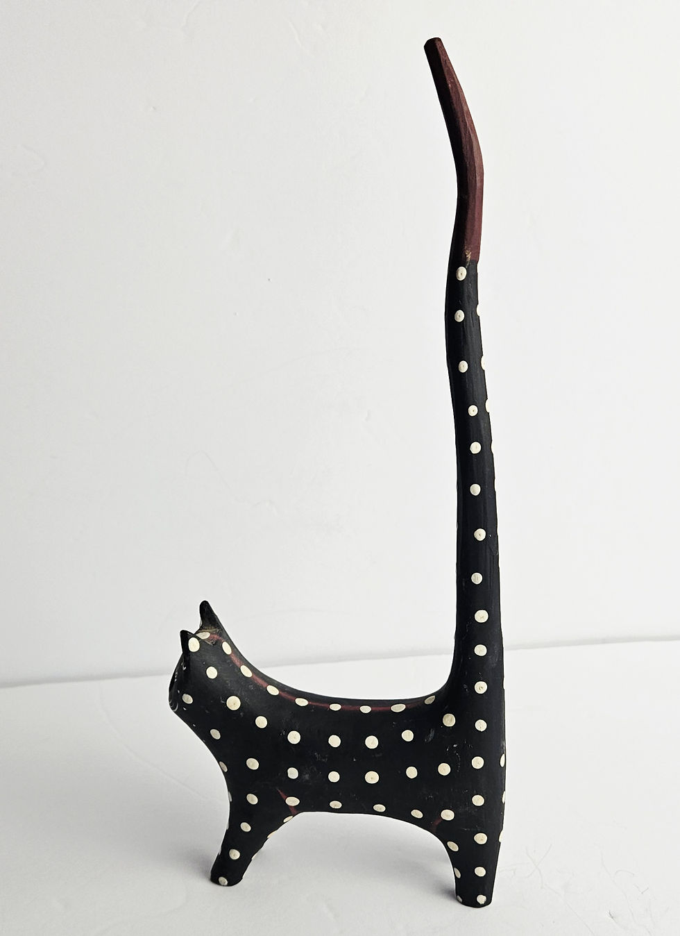 Thumbnail: Vintage Whimsical Polka Dot Tall Tail Wooden Cat Figurine Hand-Painted Folk Art