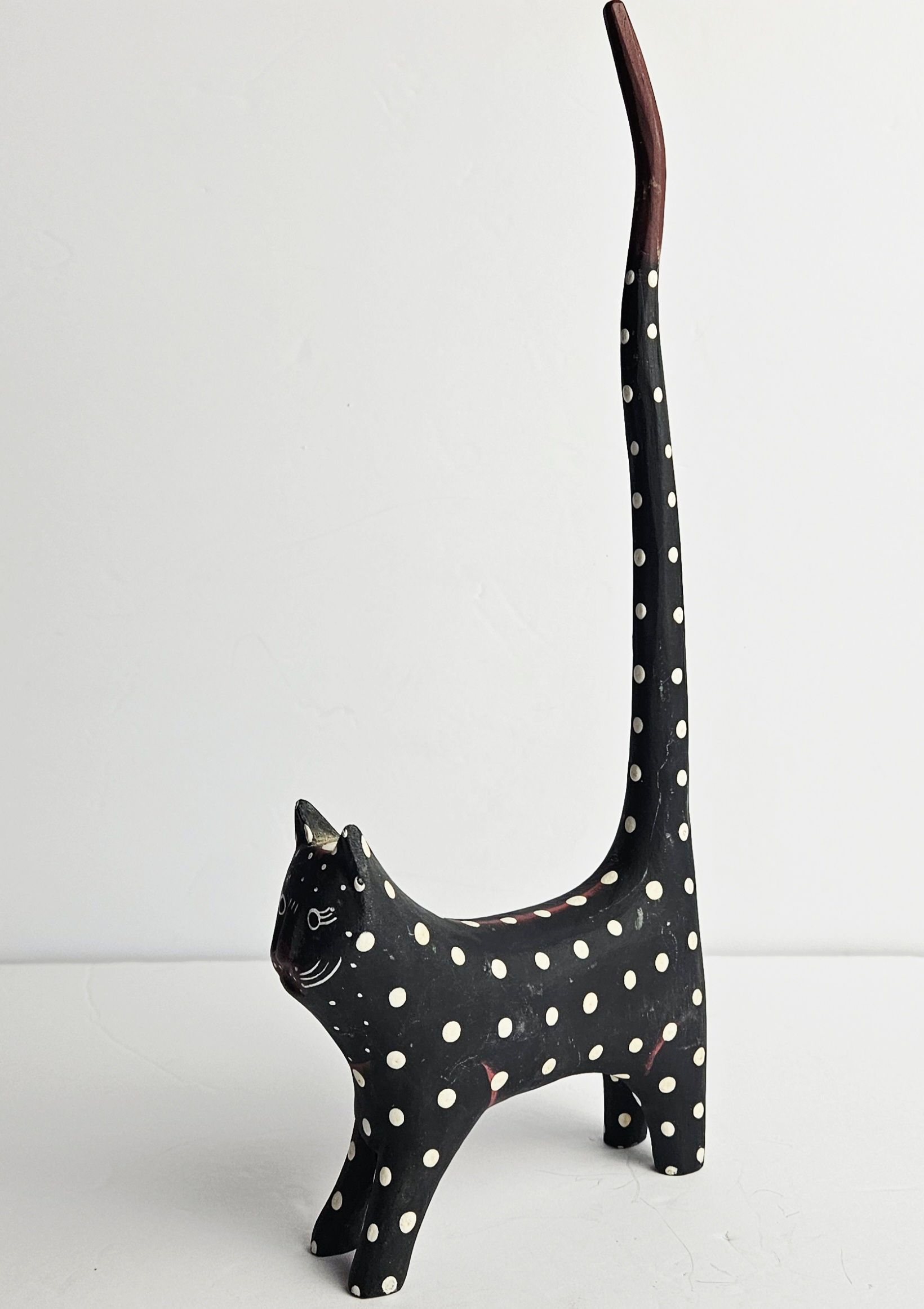 Vintage Whimsical Polka Dot Tall Tail Wooden Cat Figurine Hand-Painted Folk Art